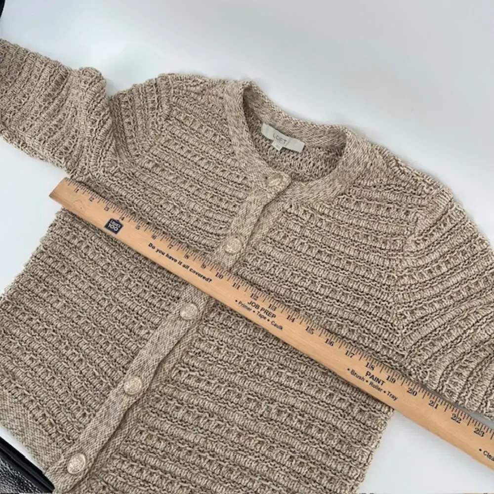 LOFT Chunky Knit Cardigan Sweater Womens L Oatmeal Beige Gold Buttons Cottage